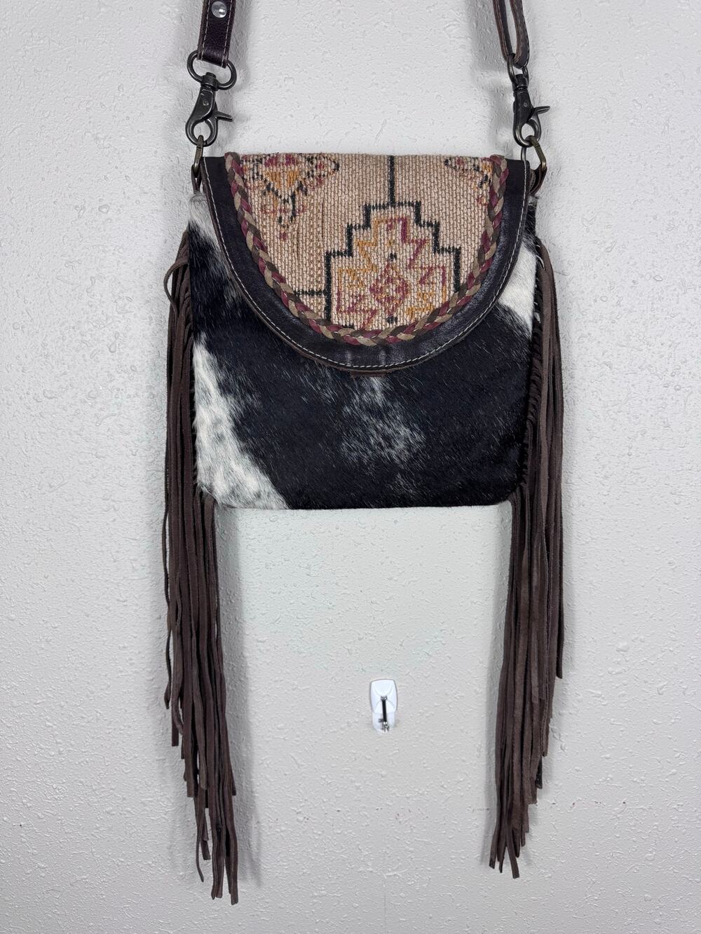 Myra Western Cowhide and Tapestry crossbody bag with long tassels